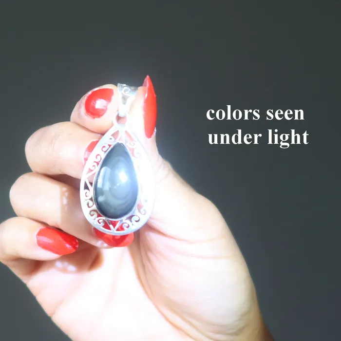 Satin Crystals Necklaces Rainbow Obsidian Pendant Drop of Light Sterling Silver