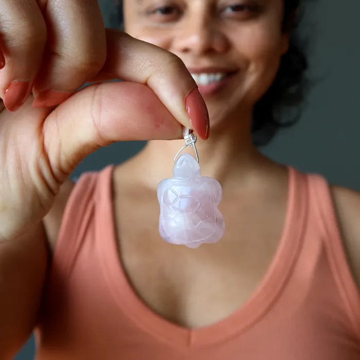 Satin Crystals Necklaces Rose Quartz Pendant Turtles Love Sterling Silver