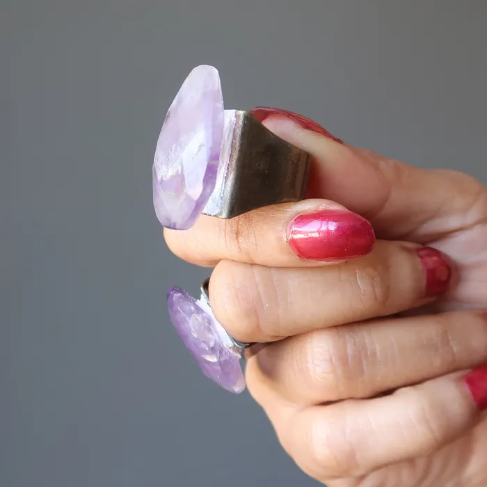 Satin Crystals Rings Amethyst Ring Big Purple Faceted Pear Stone Antiqued Adjustable
