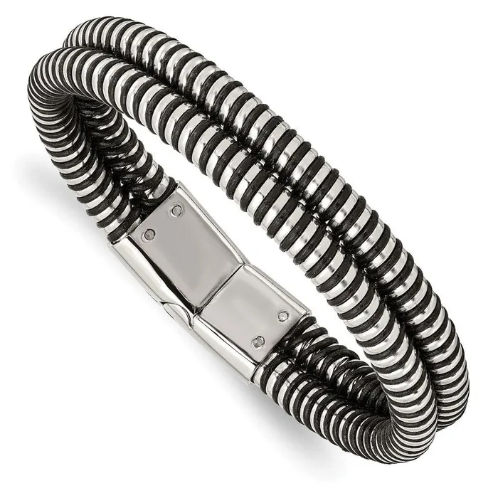 Stainless Steel Black Leather Polished 85in Bracelet Chisel Bracelets