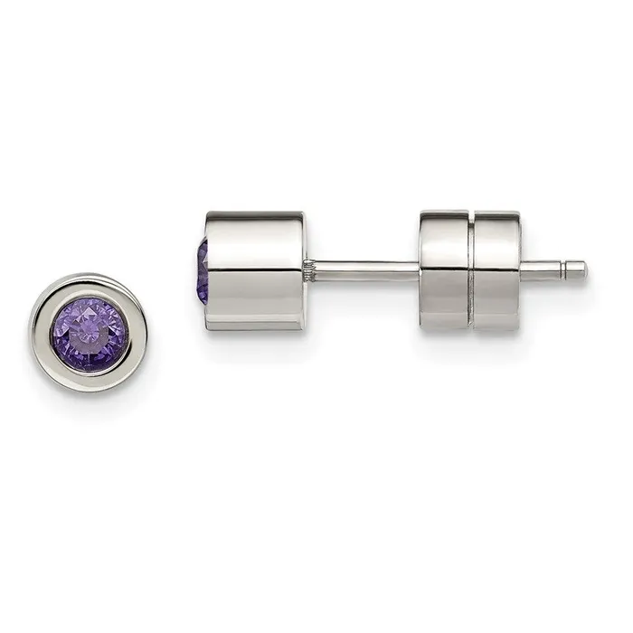 Stainless Steel CZ Feb Birthstone Polished Post Earrings Chisel Earrings