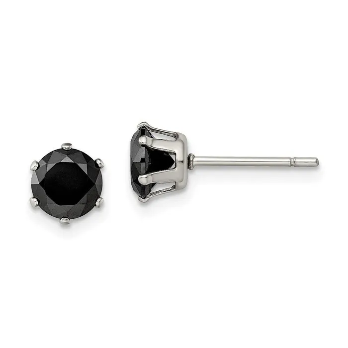 Stainless Steel Polished 6mm Black Round CZ Stud Post Earrings Chisel Earrings