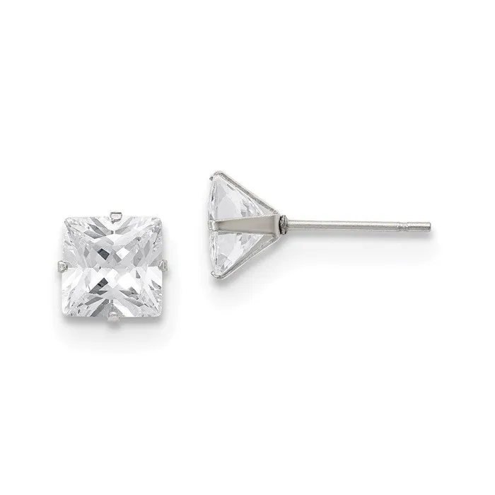 Stainless Steel Polished 7mm Square CZ Stud Post Earrings Chisel Earrings