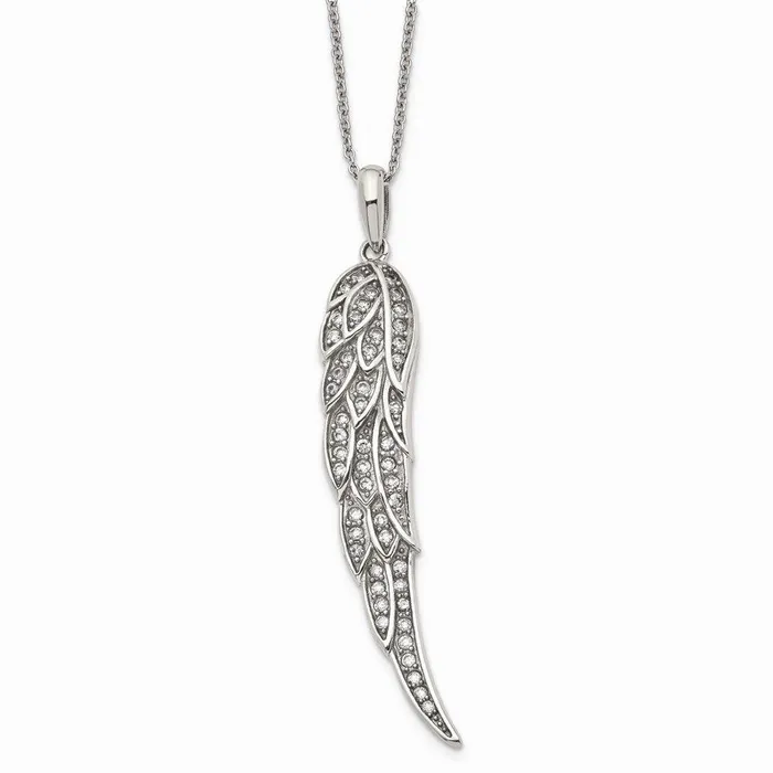 Stainless Steel Polished CZ Wing Pendant with 2in extension Necklace Chisel Necklaces Stainless Steel Polished CZ Wing Pendant with 2in extension Necklace Chisel Necklaces