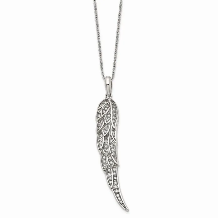 Stainless Steel Polished CZ Wing Pendant with 2in extension Necklace Chisel Necklaces Stainless Steel Polished CZ Wing Pendant with 2in extension Necklace Chisel Necklaces