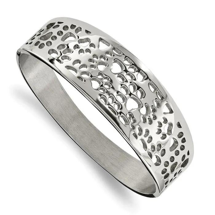 Stainless Steel Polished Paw Print Cutout Hinged Bangle Chisel Bracelets