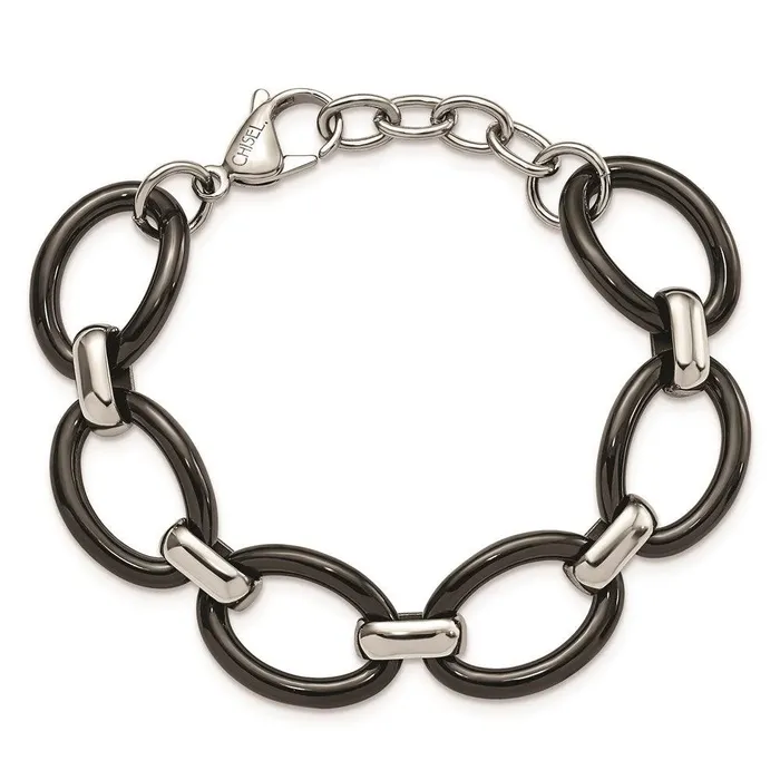 Stainless Steel Polished w Black Ceramic w 1in ext Bracelet Chisel Bracelets Stainless Steel Polished w Black Ceramic w 1in ext Bracelet Chisel Bracelets