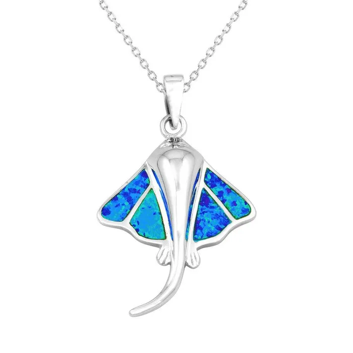 Sterling Silver Blue Inlay Opal Stingray Pendant Classic Necklaces