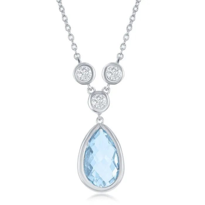 Sterling Silver Blue Topaz Teardrop with 3 White Topaz Necklace Classic Necklaces Sterling Silver Blue Topaz Teardrop with 3 White Topaz Necklace Classic Necklaces