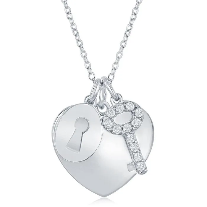 Sterling Silver Shiny Heart with CZ Lock and Key Necklace Classic Necklaces Sterling Silver Shiny Heart with CZ Lock and Key Necklace Classic Necklaces