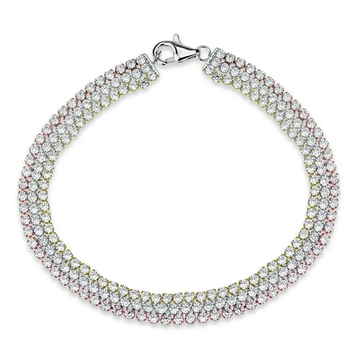 Sterling Silver Tri Color Triple Row CZ Tennis Bracelet 7 Classic Bracelets