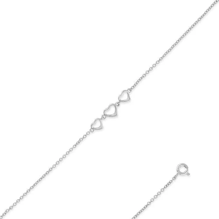 Sterling Silver with Three Center Hearts Anklet Classic Rings