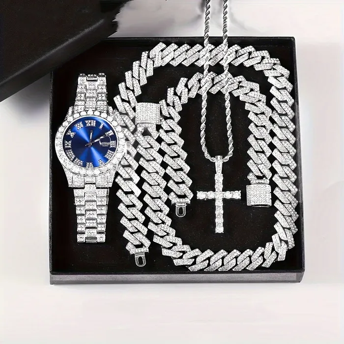 VVS Jewelry 4Piece Iced Out Watch Cuban Chain Bracelet and Cross Bundle Set VVS Jewelry Bracelets VVS Jewelry 4Piece Iced Out Watch Cuban Chain Bracelet and Cross Bundle Set VVS Jewelry Bracelets