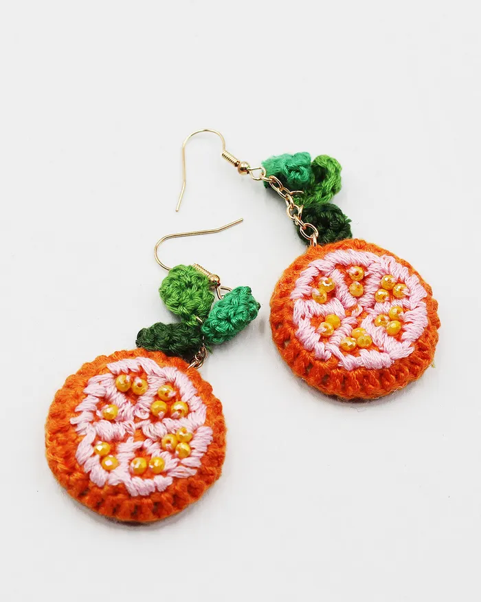 070422 Earrings Hand Knitted Orange Earrings