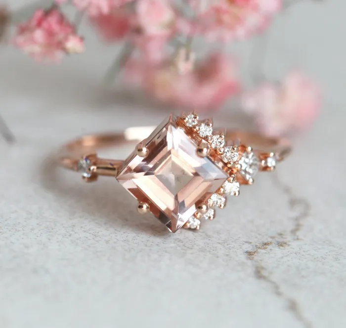 Aria Peach Morganite Diamond Cluster Ring Capucinne Rings