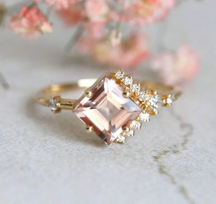 Aria Peach Morganite Diamond Cluster Ring Capucinne Rings