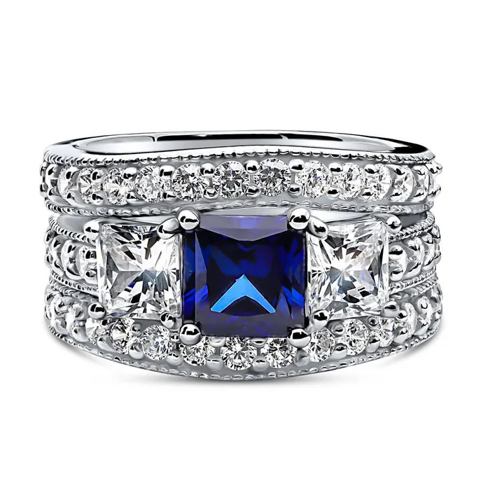 BERRICLE 3Stone Simulated Blue Sapphire CZ Ring Set in Sterling Silver Rings