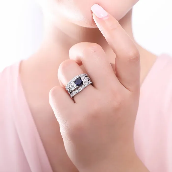 BERRICLE 3Stone Simulated Blue Sapphire CZ Ring Set in Sterling Silver Rings