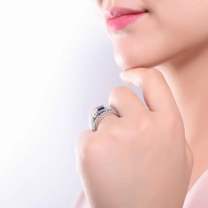 BERRICLE 3Stone Simulated Blue Sapphire CZ Ring Set in Sterling Silver Rings