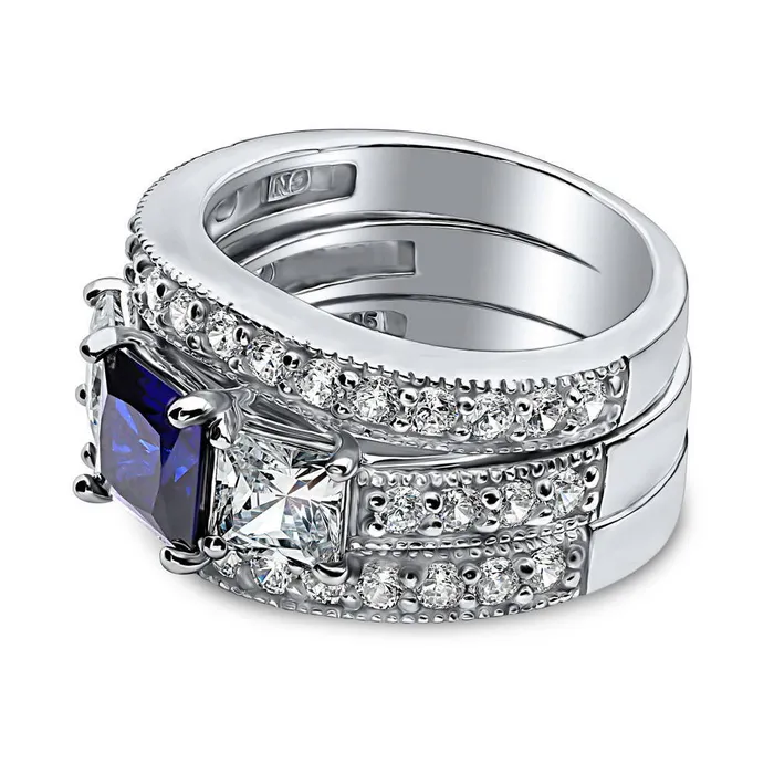 BERRICLE 3Stone Simulated Blue Sapphire CZ Ring Set in Sterling Silver Rings