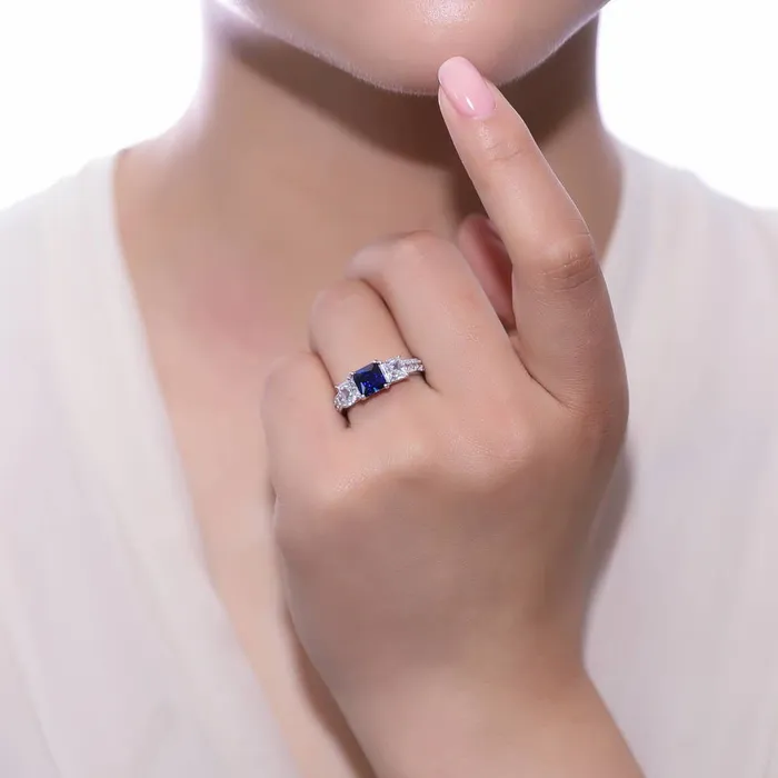 BERRICLE 3Stone Simulated Blue Sapphire CZ Ring Set in Sterling Silver Rings