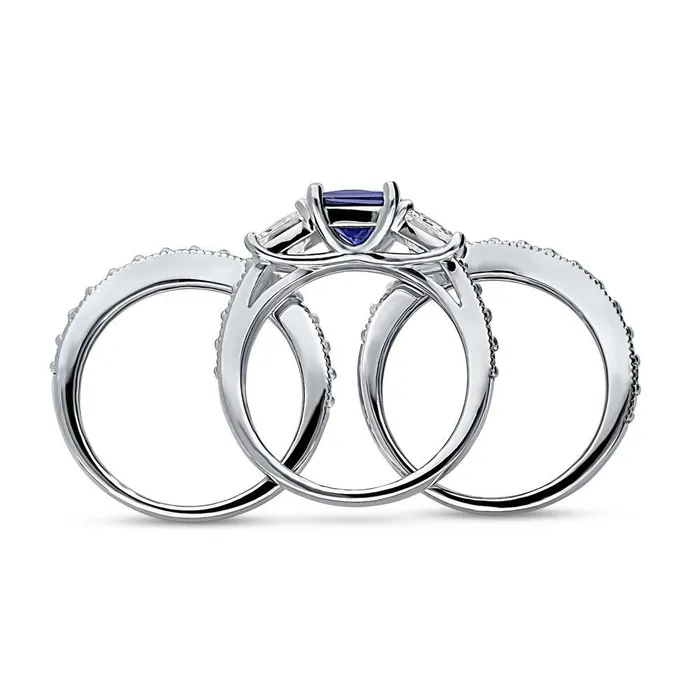 BERRICLE 3Stone Simulated Blue Sapphire CZ Ring Set in Sterling Silver Rings