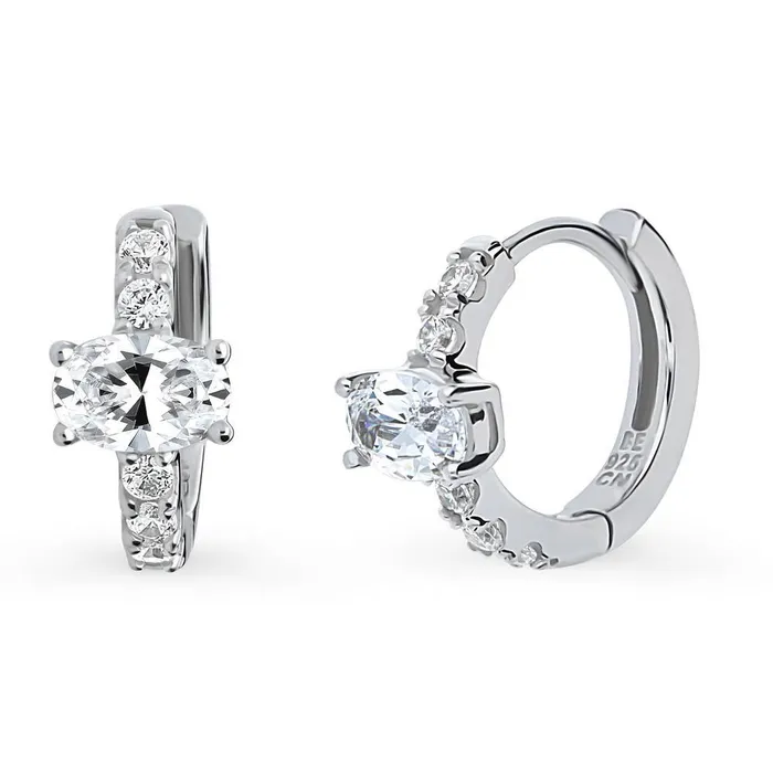 BERRICLE Earrings Solitaire Oval CZ Small Hoop Earrings in Sterling Silver 056