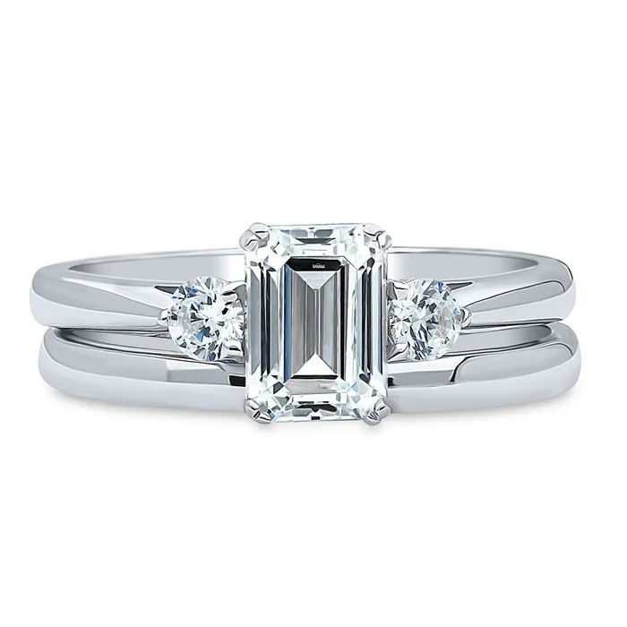BERRICLE Rings 3Stone 1ct Emerald Cut CZ Ring Set in Sterling Silver
