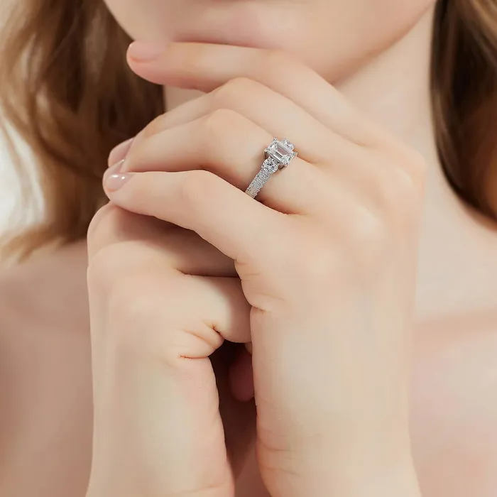 BERRICLE Rings 3Stone 1ct Emerald Cut CZ Ring Set in Sterling Silver