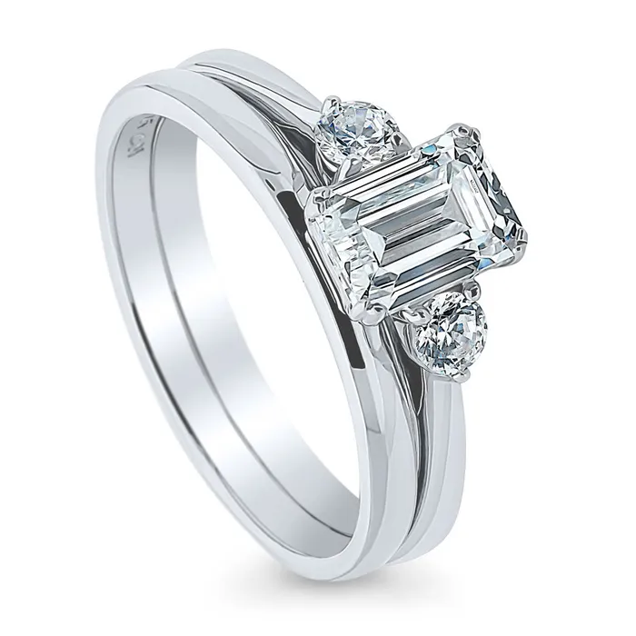 BERRICLE Rings 3Stone 1ct Emerald Cut CZ Ring Set in Sterling Silver