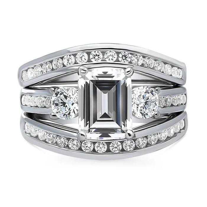 BERRICLE Rings 3Stone 21ct Emerald Cut CZ Ring Set in Sterling Silver
