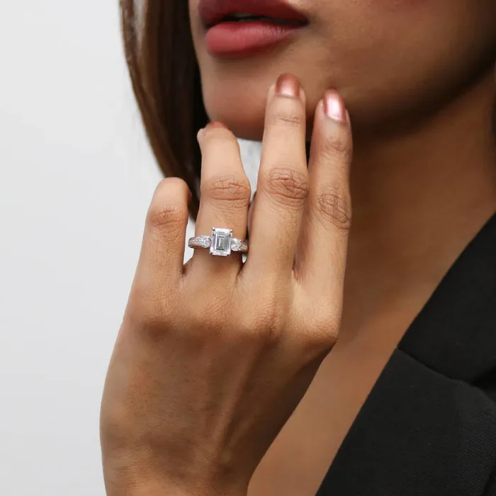 BERRICLE Rings 3Stone 21ct Emerald Cut CZ Ring Set in Sterling Silver