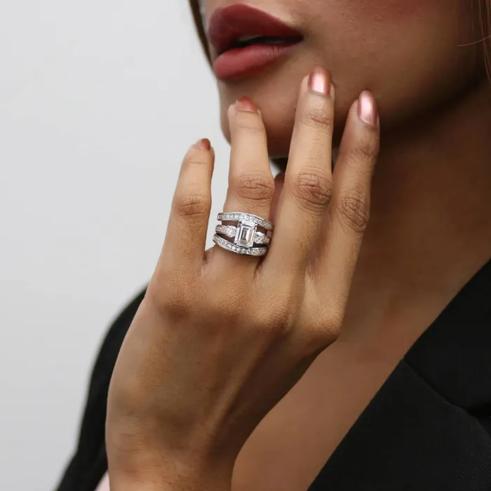 BERRICLE Rings 3Stone 21ct Emerald Cut CZ Ring Set in Sterling Silver