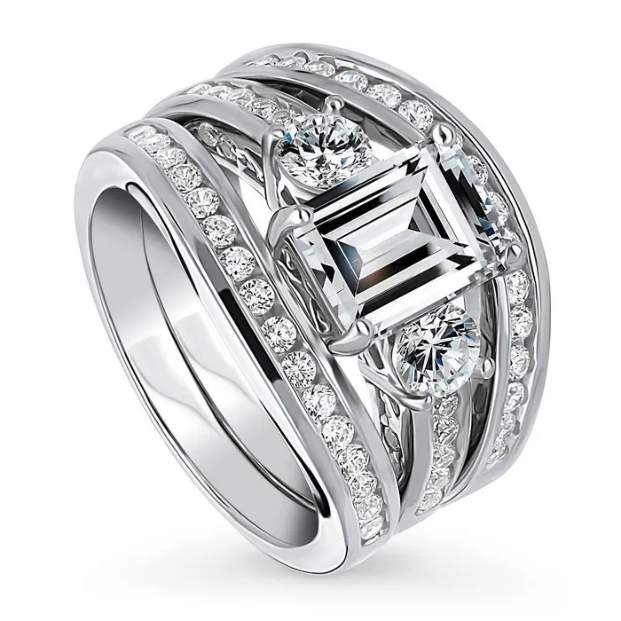 BERRICLE Rings 3Stone 21ct Emerald Cut CZ Ring Set in Sterling Silver