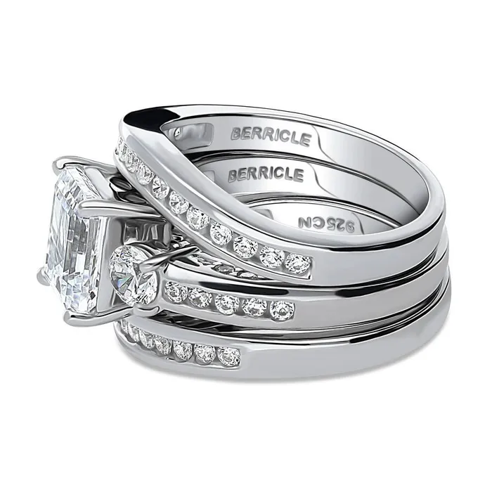 BERRICLE Rings 3Stone 21ct Emerald Cut CZ Ring Set in Sterling Silver