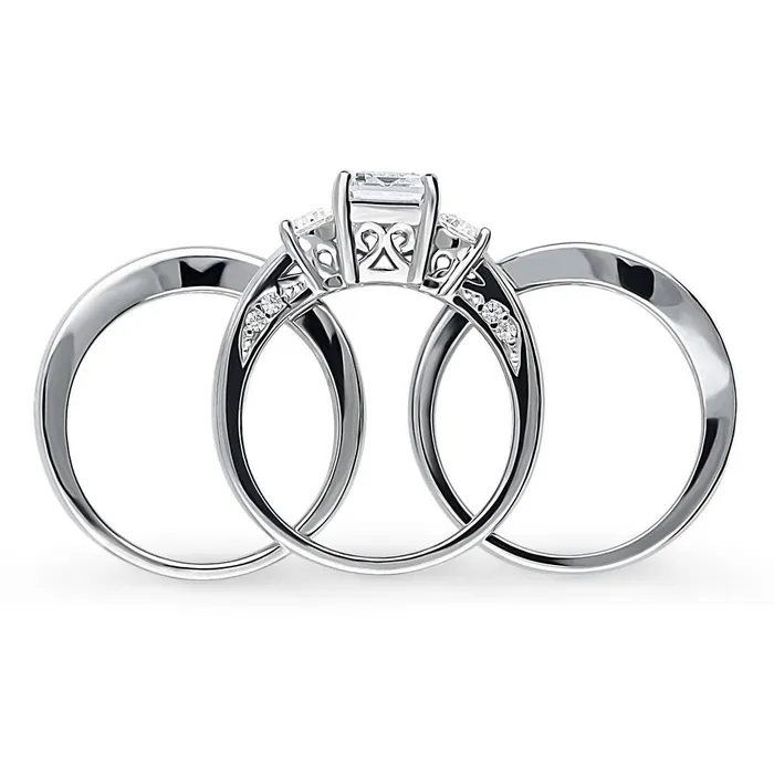 BERRICLE Rings 3Stone 21ct Emerald Cut CZ Ring Set in Sterling Silver