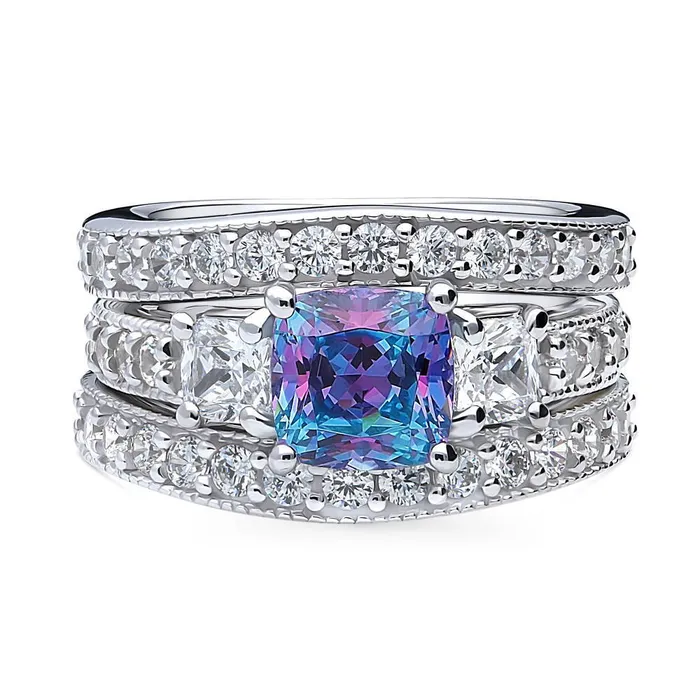 BERRICLE Rings 3Stone Kaleidoscope Purple Aqua CZ Ring Set in Sterling Silver BERRICLE Rings 3Stone Kaleidoscope Purple Aqua CZ Ring Set in Sterling Silver
