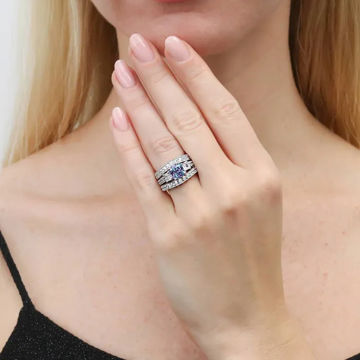 BERRICLE Rings 3Stone Kaleidoscope Purple Aqua CZ Ring Set in Sterling Silver