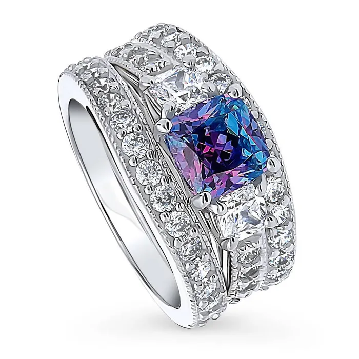 BERRICLE Rings 3Stone Kaleidoscope Purple Aqua CZ Ring Set in Sterling Silver