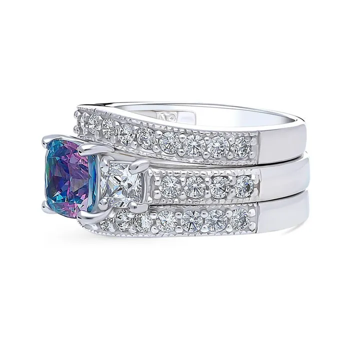 BERRICLE Rings 3Stone Kaleidoscope Purple Aqua CZ Ring Set in Sterling Silver