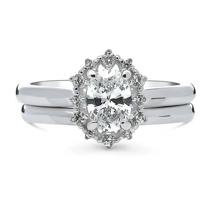 BERRICLE Rings Halo Art Deco Oval CZ Ring Set in Sterling Silver