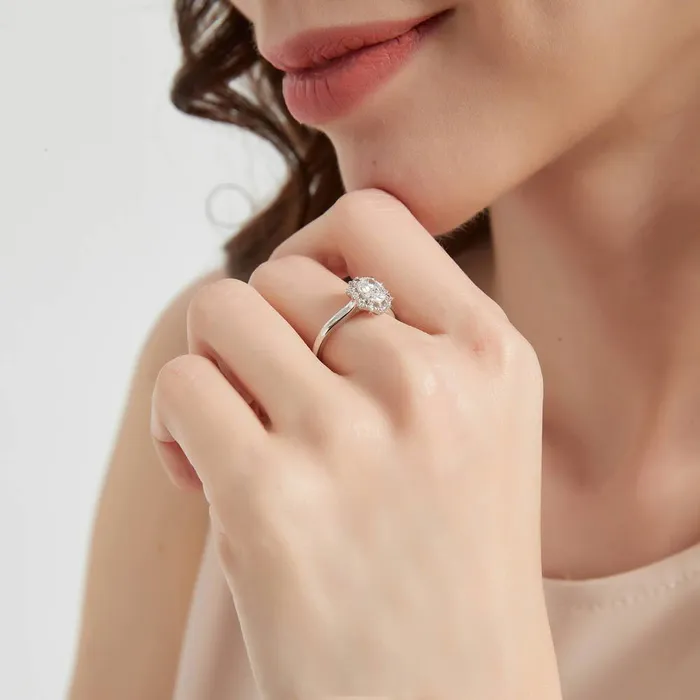 BERRICLE Rings Halo Art Deco Oval CZ Ring Set in Sterling Silver