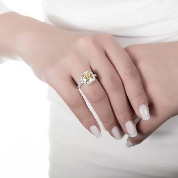BERRICLE Rings Halo Canary Yellow Cushion CZ Ring in Sterling Silver
