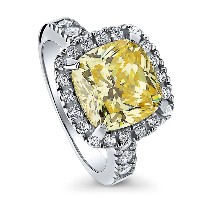 BERRICLE Rings Halo Canary Yellow Cushion CZ Ring in Sterling Silver