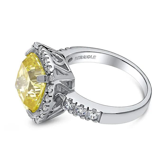 BERRICLE Rings Halo Canary Yellow Cushion CZ Ring in Sterling Silver