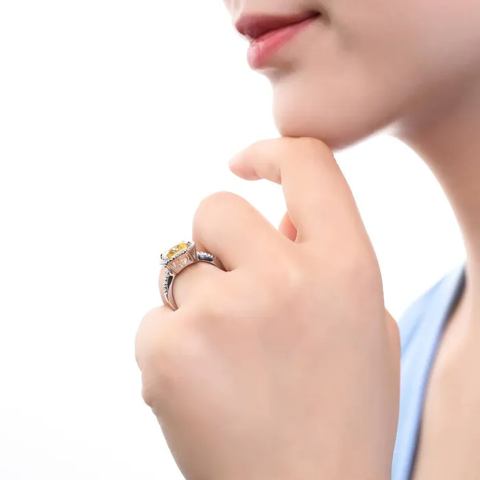 BERRICLE Rings Halo Canary Yellow Cushion CZ Ring in Sterling Silver
