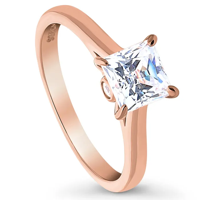 BERRICLE Rings Solitaire Princess CZ Ring in Rose Gold Plated Sterling Silver