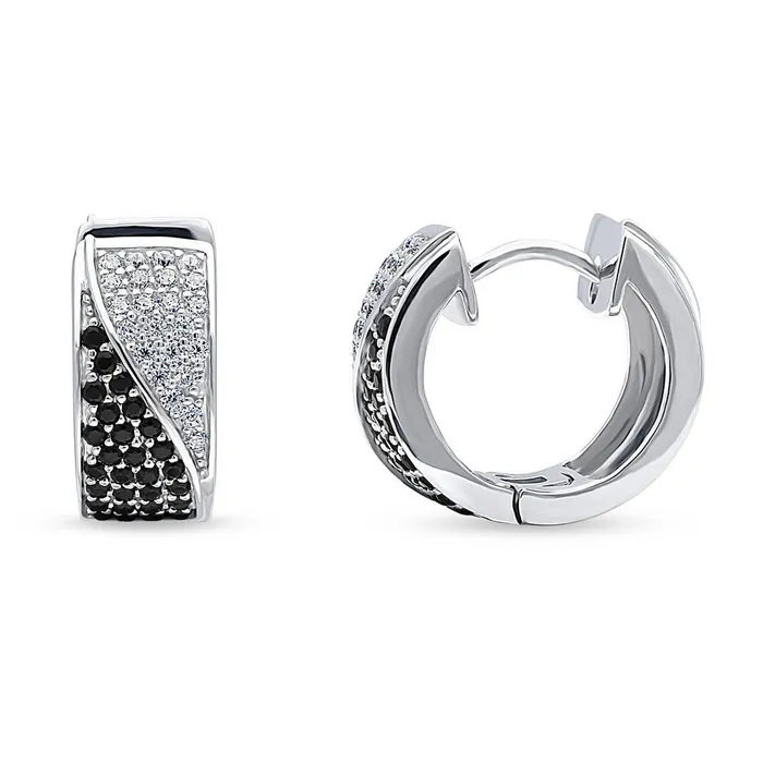 Black White CZ Small Huggie Earrings in Sterling Silver 058 BERRICLE Earrings Black White CZ Small Huggie Earrings in Sterling Silver 058 BERRICLE Earrings