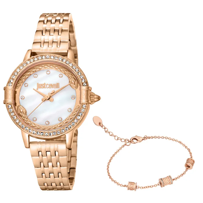 Bracelets Just Cavalli Womens Rose Gold Watch with White MOP Dial and Rose Gold Bracelet Just Cavalli