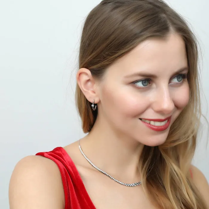 Earrings BERRICLE Bead Solitaire CZ Medium Hoop Earrings in Sterling Silver 075